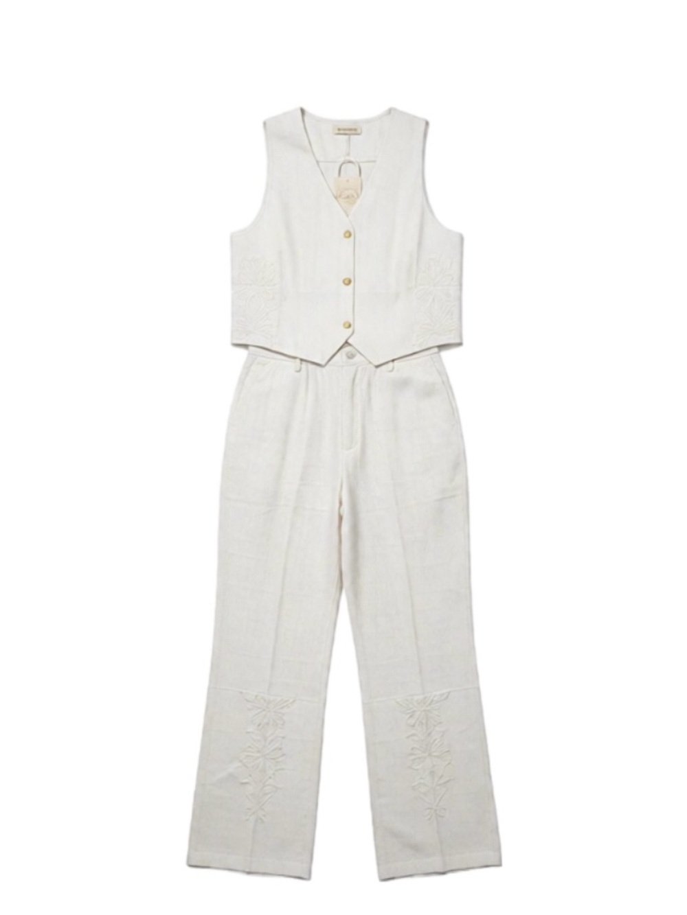 White Embroidered Ribbon Linen Wide-Leg Pant and Vest Set